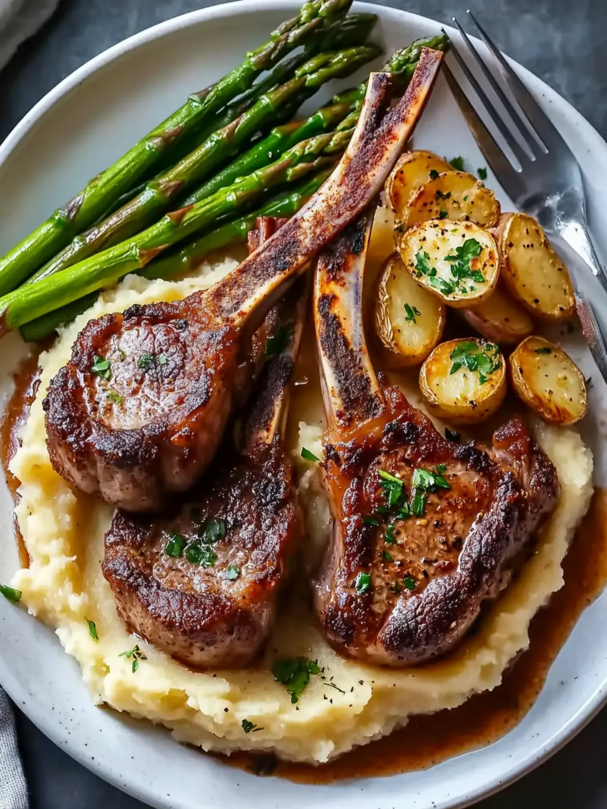 Succulent Lamb Chops with Lobster Mashed Potatoes and Roasted Asparagus