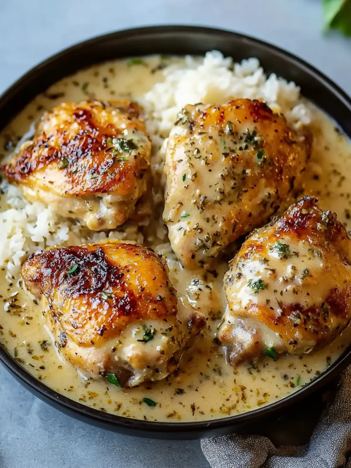 Golden Herb-Crusted Chicken Thighs in Creamy Garlic Sauce with Rice